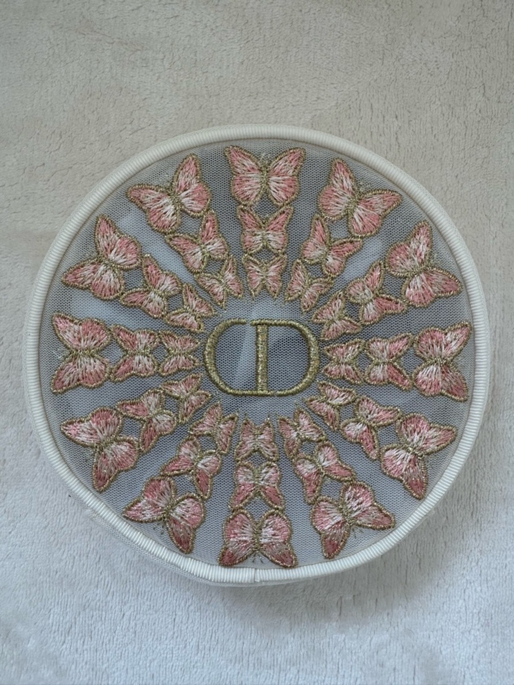 NWT Dior Embroidered Butterfly Mesh Cosmetic Pouch with CD Logo - Pink & Gold